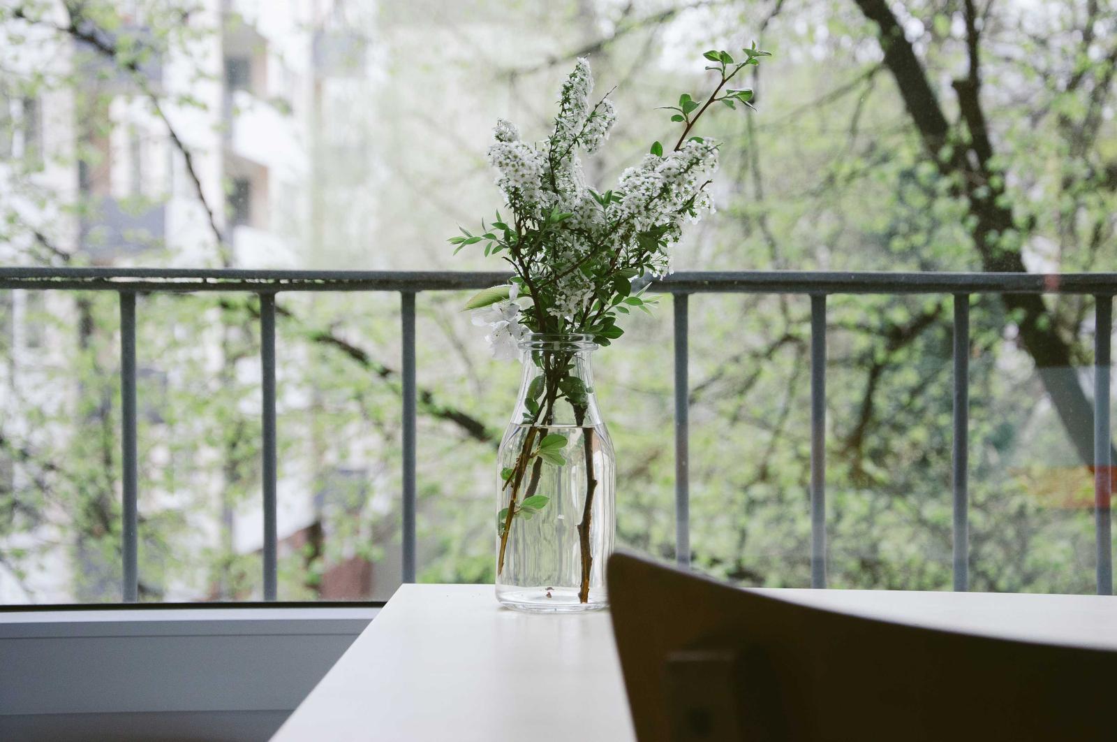 A jar of green stems on a table by a balcony railing